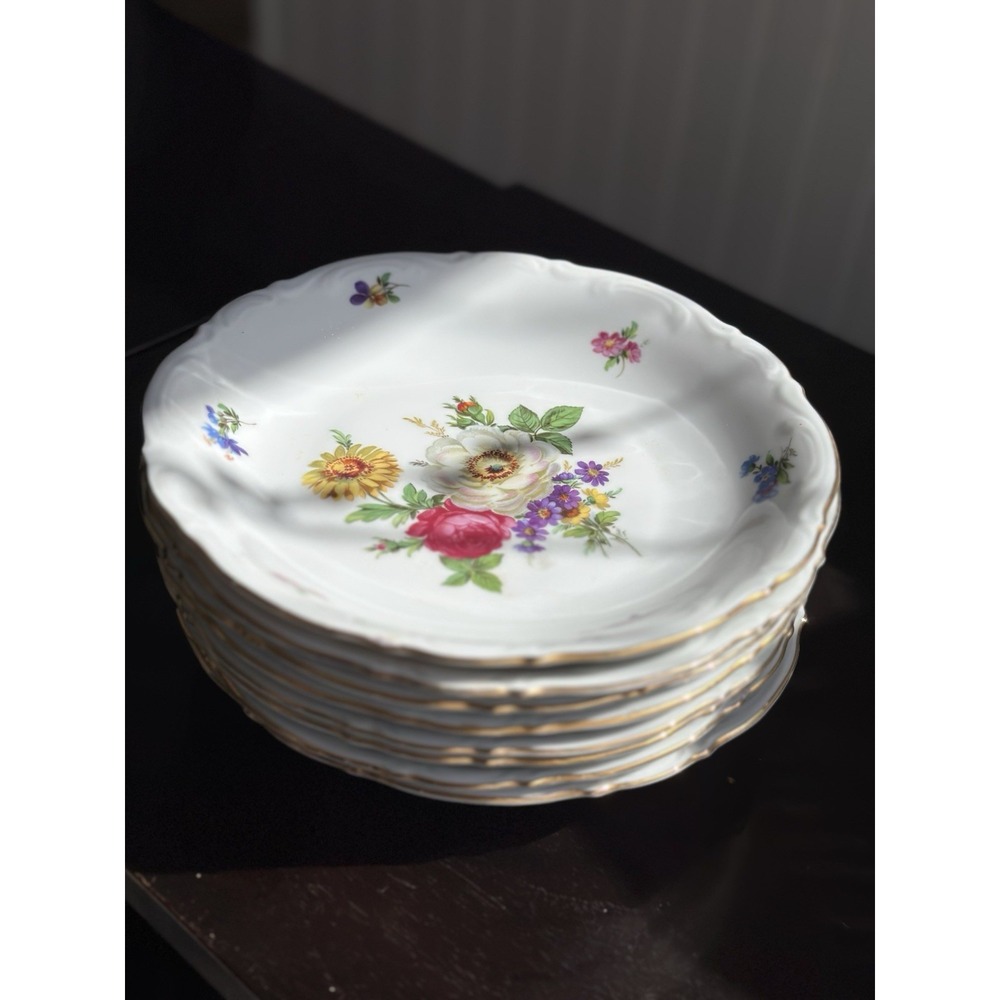 Set of 8 Mitterteich Bavaria Meissen Floral 059 Rim Soup Bowls Gold Trim Germany